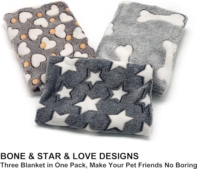 1 Pack 3 Puppy Blankets Super Soft Warm Sleep Mat Grey Cute Print Fluffy Fleece Pet Flannel Throw Dog Blankets for Small Dogs Cats,Star&Bone&Love-Medium(29"x20")