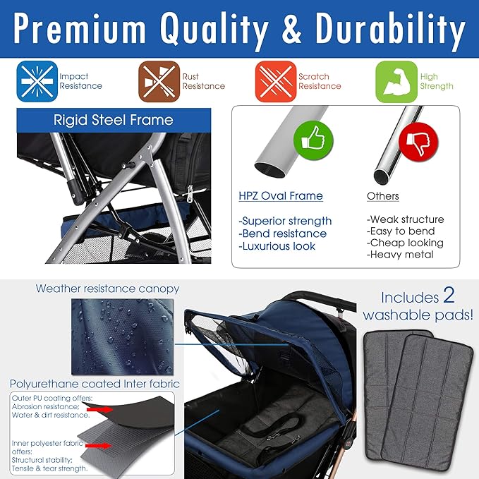 HPZ Pet Rover Premium Heavy Duty Dog/Cat/Pet Stroller Travel Carriage With Convertible Compartment/Zipperless Entry/Reversible Handle/Pump-Free Rubber Tires for Small