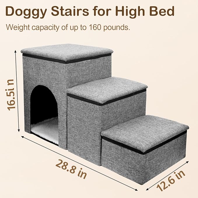 Fhiny Dog Stairs with Storage 3-Steps Foldable 160 lbs