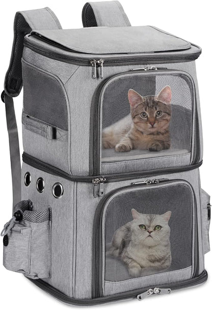 Double-Compartment Pet Carrier Backpack for Small Cats and Dogs, Cat Travel Carrier for 2 Cats, Perfect for Traveling/Hiking/Camping, Grey