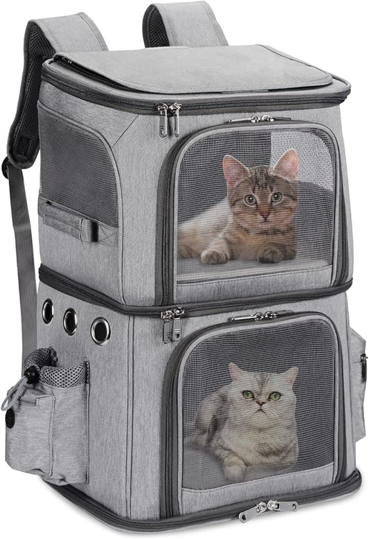 Double-Compartment Pet Carrier Backpack for Small Cats and Dogs, Cat Travel Carrier for 2 Cats, Perfect for Traveling/Hiking/Camping, Grey, XL