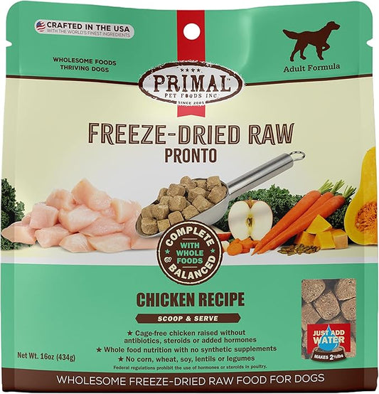 Primal Freeze Dried Dog Food Pronto, Chicken; Scoop & Serve, Complete & Balanced Meal; Also Use As Topper or Treat; Premium, Healthy, Grain Free, High Protein Raw Dog Food (16 oz)