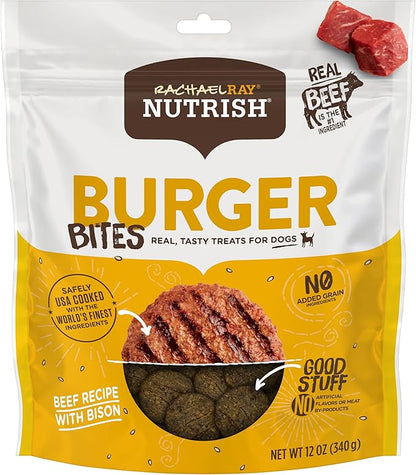 Rachael Ray Nutrish Burger Bites Real Meat Dog Treats, Beef Burger with Bison Recipe, 12 Ounces, Grain Free