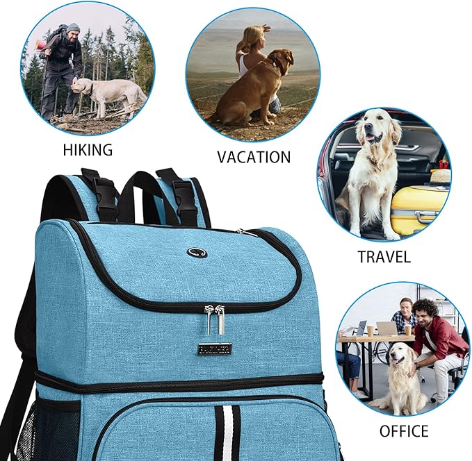 BAGLHER Pet Travel Bag, Double-Layer Pet Supplies Backpack (for All Pet Travel Supplies), Pet Travel Backpack with 2 Silicone Collapsible Bowls and 2 Food Baskets Sky Blue