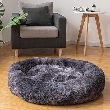 Oval Calming Donut Cuddler Dog Bed Bed(30"/36"/43") for (L(30"x24"x7"), Grey2021)
