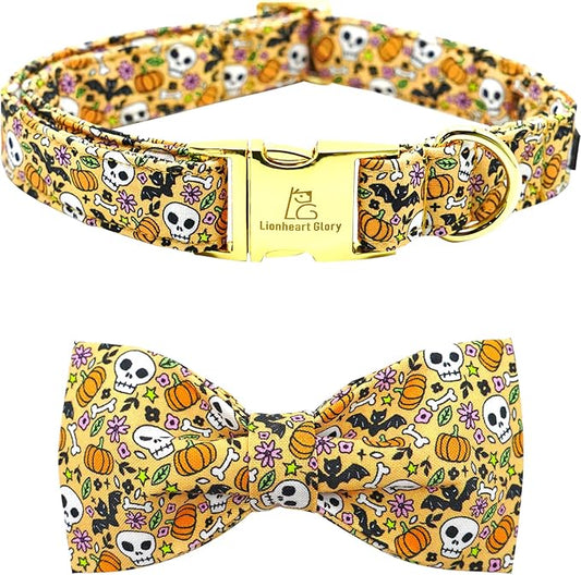 Lionheart glory Halloween Dog Collars Fall Dog Collar Skull Bowtie Dog Collar Girl Boy Pet Collar for Large Dogs Duty Adjustable Dog Collar with Bow