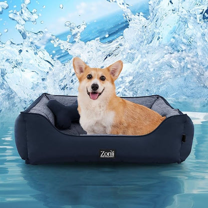 ZonLi Cooling Dog Bed, Dog Bed for Medium Dogs, Dog Cooling Bed with Bolsters Waterproof, for Dogs Up to 30 lbs, Pet Bed with Washable Cover, Non-Slip Bottom, Without Gel, Oceanic Navy