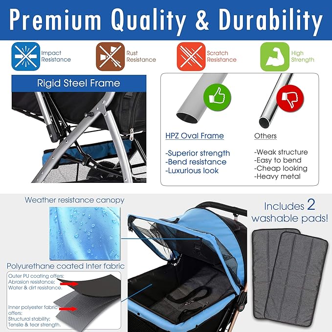 HPZ PET Rover Premium Heavy Duty Dog/Cat/Pet Stroller Travel Carriage with Convertible Compartment/Zipperless Entry/Reversible Handlebar/Pump-Free Rubber Tires for Small