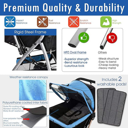 HPZ PET Rover Premium Heavy Duty Dog/Cat/Pet Stroller Travel Carriage with Convertible Compartment/Zipperless Entry/Reversible Handlebar/Pump-Free Rubber Tires for Small