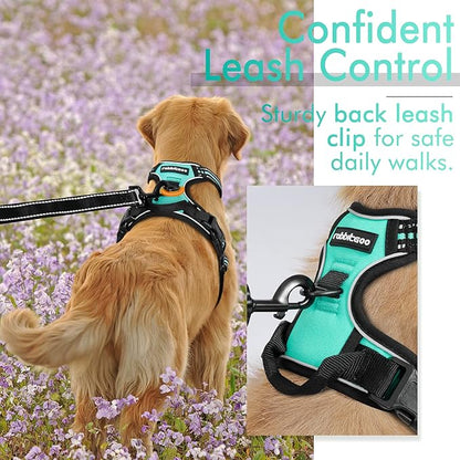 rabbitgoo Dog Harness, No-Pull Pet Harness with 2 Leash Clips, Adjustable Soft Padded Dog Vest, Reflective No-Choke Pet Oxford Vest with Easy Control Handle for Large Dogs, Turquoise, XL