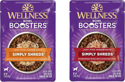 Wellness CORE Simply Shreds Natural Grain Free Wet Dog Food Mixer, Chicken, Beef & Carrots, 2.8 oz. Pouch (12 Nos) + Simply Shreds Wet Dog Food Topper, Chicken Liver & Broccoli, 2.8 oz. Pouch (12 Nos)