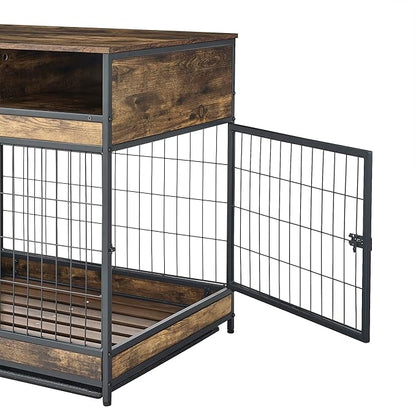 Okak Dog Crate Furniture Wooden Dog Crate Table with Drawers and Wheels Heavy Duty Dog Cage with Double Iron Doors Dog Kennel Indoor for Medium/Large Dog Brown,31.5" L