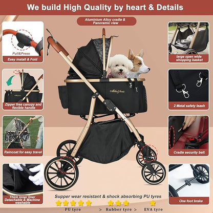 MILA&LOUIS 3 in 1 Folding Dog Stroller 4 Wheels 30lbs, Dog