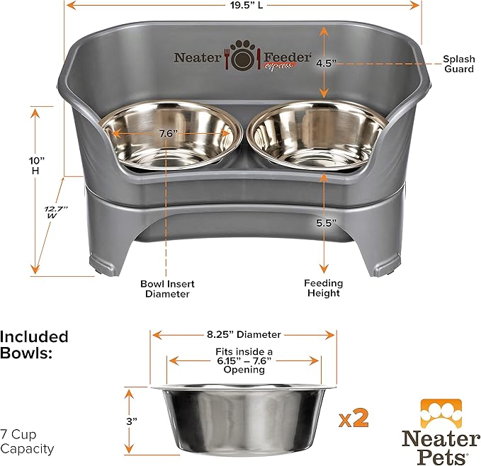 Neater Feeder - Express Model - Mess-Proof Dog Bowls (Medium/Large, Gunmetal Grey) – Made in USA – Elevated, No Spill, Non-Tip, Non-Slip, Raised Stainless Steel Food & Water Pet Bowls