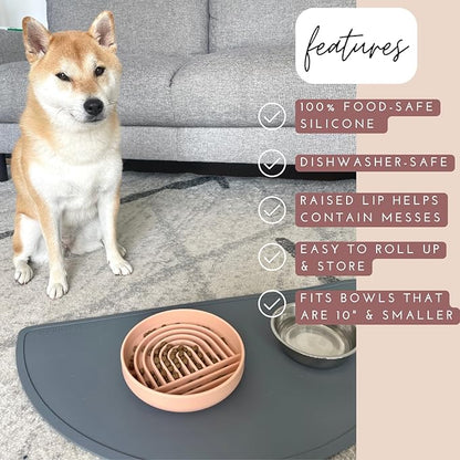 Waterproof Silicone Pet Food Mat - Non-Slip, Spill-Proof Feeding Mats for Floors, Raised Edge Design, Easy-to-Clean, Durable Flexible Rubber Mat for Dog & Cat Bowls, Large-Blush