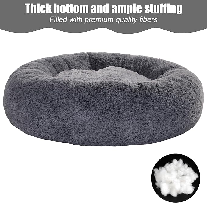 23" Calming Dog Bed,Anti Anxiety Donut Dog Bed,Plush Round Pet Beds for Small Dogs,Fluffy Faux Fur Cat Bed,Washable Cuddler Dog Bed(Dark Grey,Small)