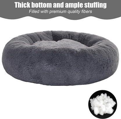 36" Calming Dog Bed with Removable Cover,Anti Anxiety Donut Dog Bed,Plush Round Pet Beds for Large Dogs,Fluffy Faux Fur Dog Bed,Washable Cuddler Dog Bed(Dark Grey,Large)