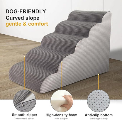 22.6”H Curved Dog Stairs for High Beds, Pet Steps with Durable Non-Slip Washble Fabric Cover, Pet Stairs for High Bed Climbing, Dog Steps for Small Dogs and Cats, 5-Tiers（33" D x 15.7" W）