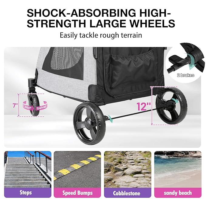 EchoSmile XL Extra Large Dog Stroller 4 Wheel 2 Medium 160 lbs,Gray