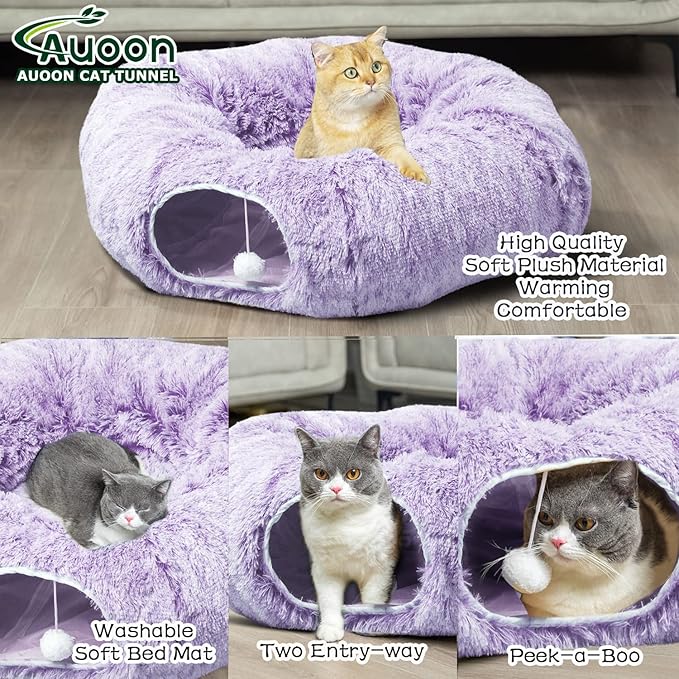 AUOON Cat Tunnel Bed with Central Mat,Big Tube Playground Toys,Soft Plush Material,Full Moon Shape for Kitten,Cat,Puppy,Rabbit,Ferret (Purple)