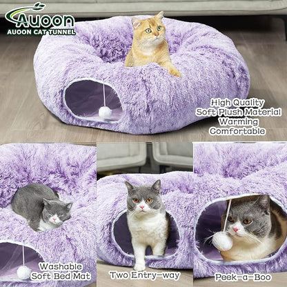 AUOON Cat Tunnel Bed with Central Mat,Big Tube Playground Toys,Soft Plush Material,Full Moon Shape for Kitten,Cat,Puppy,Rabbit,Ferret (Purple)