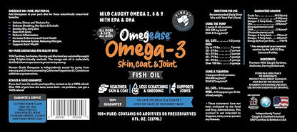 Omegease 100% Pure Omega 3 Fish Oil for Dogs & Cats 8 oz - Skin & Coat Supplement, Less Scratching & Shedding, Supports Joint Function, Immune, Brain & Heart Health. Natural EPA + DHA Fatty Acids