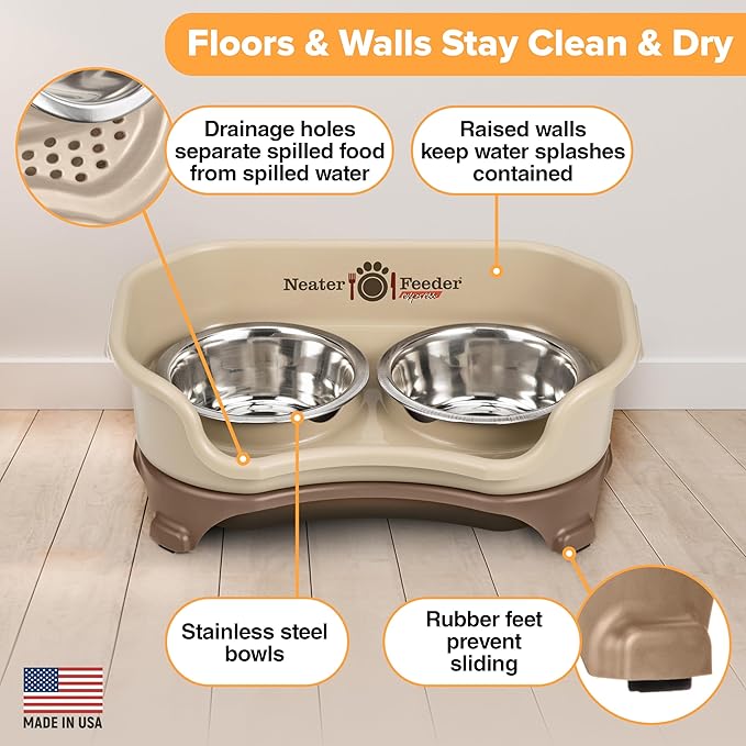 Neater Feeder - Express Model - Mess-Proof Dog Bowls (Small, Cappuccino) – Made in USA – Elevated, No Spill, Non-Tip, Non-Slip, Raised Stainless Steel Food & Water Pet Bowls