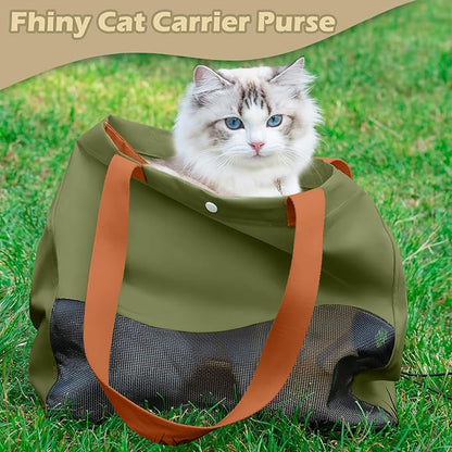 Fhiny Cat Purse Carrier, Small Dog Carrier Tote Breathable Mesh Pet Carrier Bag Soft Sided Adjustable & Foldable Kitten Travel Bag for Cats Kittens Rabbits Small Dogs Shopping Travel (Green)