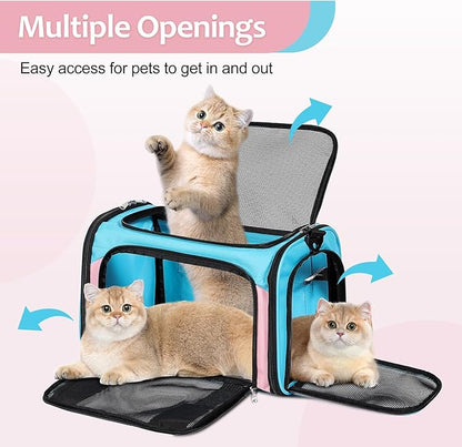 Cat Dog Carrier Up to 15 Lbs TSA Airline Approved Pet Carrier for Small Medium Cats Puppies Dog Carriers for Small Dogs Collapsible Soft Sided Cat Travel Carrier - Blue&Pink 15.7"x10.2"x10.2"