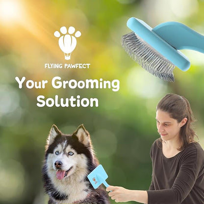 Pet Slicker Brush With Soft Massage Grooming Stainless Steel Pins - For Dematting, Shedding Fur, and Undercoat - Ideal Gift for Professional Pet Groomers - Long Slicker Brush - Flying Pawfect