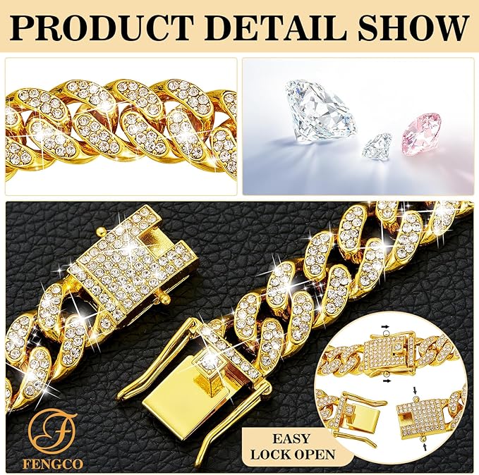 Gold Dog Chain Collar Diamond Cuban Link Dog 13mm Wide Cats(22inch)