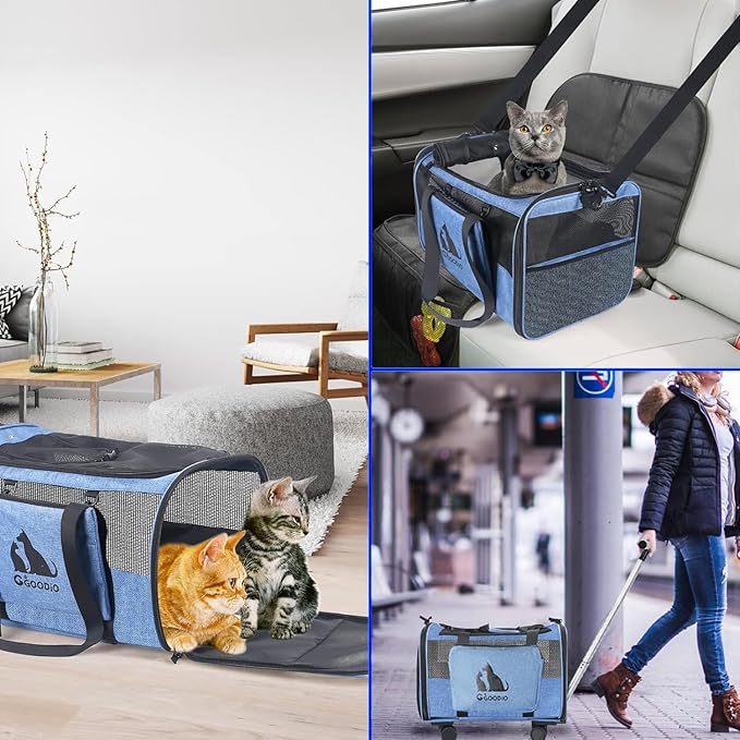 Cat and Dog Carrier with Detachable Wheels, Airline Approved Rolling Pet Carrier,Wheeled Pet Carrier with Telescopic Walking Handle,Foldable Pet Travel Bag