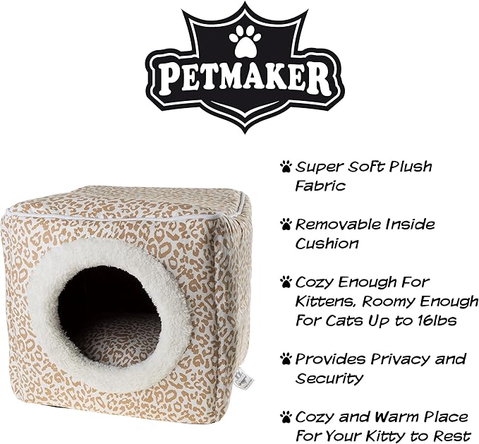 Cat Pet Bed Cave- Indoor Enclosed Covered Cavern/House for Cats Kittens and Small Pets with Removable Cushion Pad by PETMAKER 13x12x12