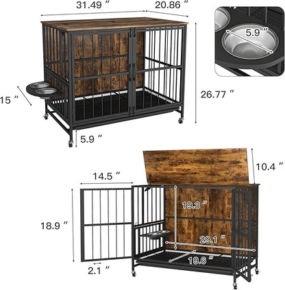 NicBex Dog Crate Furniture Dog Cage with 360 Degree Rotation Height Adjustable Feeding Bowls