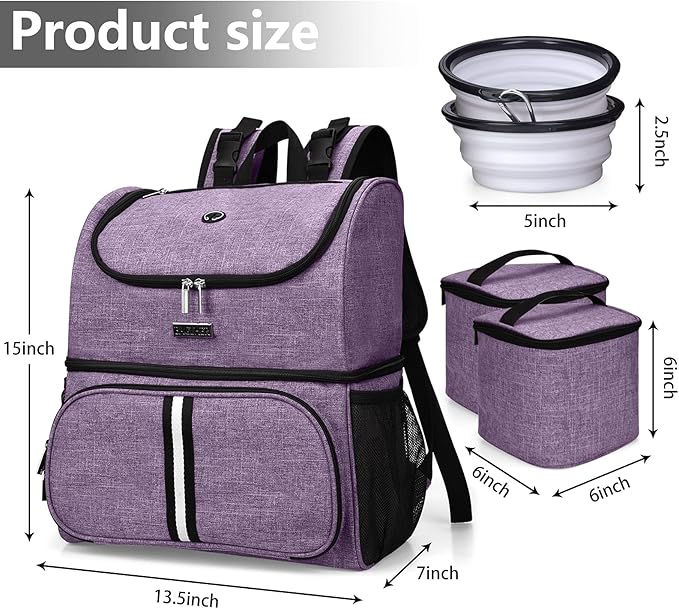 BAGLHER Pet Travel Bag, Double-Layer Pet Supplies Backpack (for All Pet Travel Supplies), Pet Travel Backpack with 2 Silicone Collapsible Bowls and 2 Food Baskets Lavender