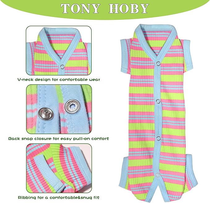 TONY HOBY Dog Pajamas, 4 Legged Dog Pajamas with Blue Stripe, Female Dog Jumpsuit Pajamas for Small Medium Size Dog (Green&Blue, Girl, L)