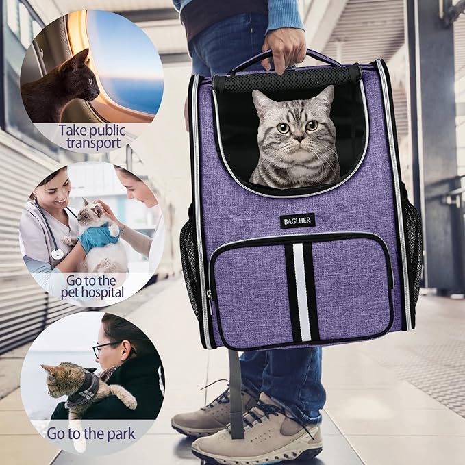 BAGLHER Pet Carrier Backpack, Dog Backpack Carrier for Small Dogs Cats, Thicker Bottom Support, Ventilated Design Breathable Dog Carrier Backpack Cat Bag for Hiking Travel Camping Outdoor Use Purple