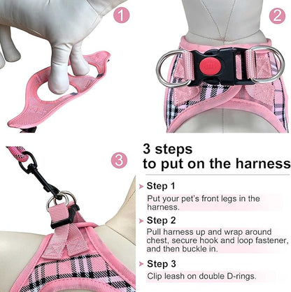 Dog Harness Step-in Breathable Puppy Cat Dog Vest Harnesses for Small Medium Dogs Pink Plaid