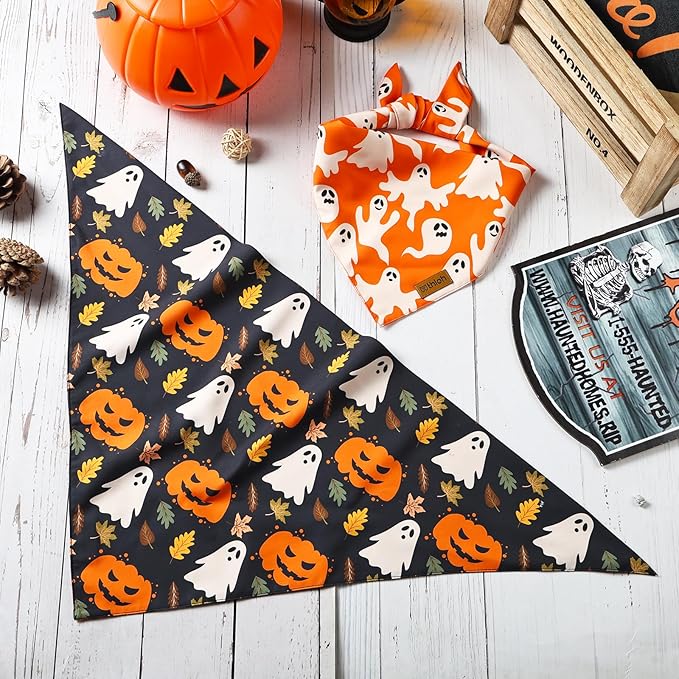 Halloween Dog Bandanas - 2 Pack Fall Dog Bibs | Reversible Pumpkin and Ghost Pet Scarf for Boys and Girls | Premium Durable Fabric | Orange Dog Bandana for Small and Medium Dogs (Small)
