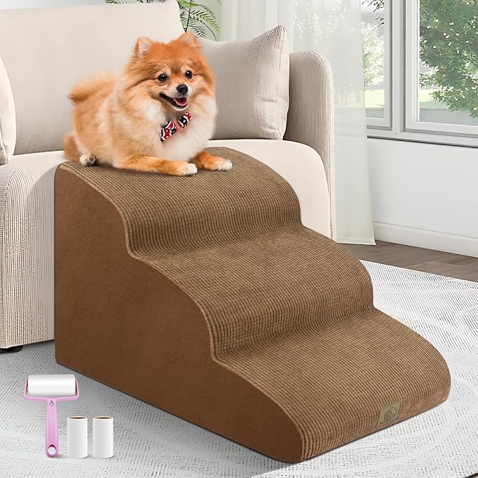 3-Tiers Foam Dog Stairs for High Bed Sofa,High Density Foam Ramp Steps Stairs with Soft Fabric Cover,Slope Stairs Friendly to Pets Joints,Machine Washable Fabric Cover,1 pcs Lint Roller with 2 Refills