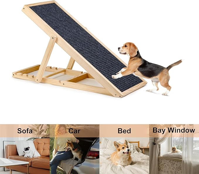 Adjustable Dog Cats Ramp, Upgraded Folding Portable Wood Pet Ramp for Small and Older Animals, 42" Long, Height from 14” to 26”, 200lbs Load Capacity, Lightweight Dog Car Ramps for SUV, Bed, Couch