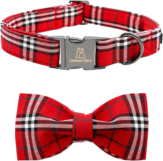 Lionheart glory Christmas Plaid Dog Collar, Red Dog Bow Collar Adjustable Soft and Comfortable Bowtie Collars for Large Dogs Girl or Boy Pet Gift Fall Collar Dog Bow