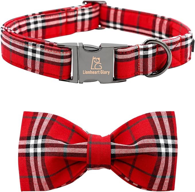 Lionheart glory Christmas Plaid Dog Collar, Red Dog Bow Collar Adjustable Soft and Comfortable Bowtie Collars for Large Dogs Girl or Boy Pet Gift Fall Collar Dog Bow
