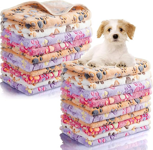 40 Pieces Blankets Soft Fluffy Fleece Washable Pet Blanket Dog Blanket Paw Print Pattern Fleece Blankets for Pets Puppy Blankets Fleece Throw Warm Bed Mat for Dog Puppy Cat, 24 x 16 Inches, 4 Colors