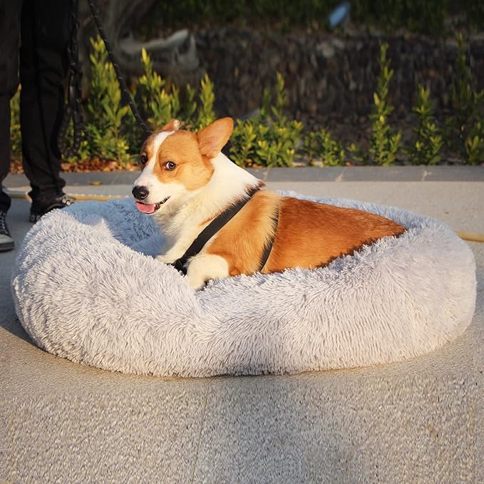 Dog Bed Large Size Dog Gray Faux Fur 39 Inches 60 Pounds