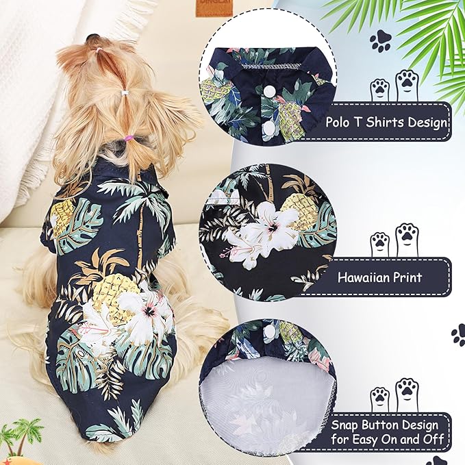 Dog Hawaiian Shirt Hawaii Style Summer Dog Clothes Boy Girl Breathable Cool Costume Beach Seaside Sweatshirt for Small Puppy Polo T-Shirt Pet Outfit (Black (5.5-7.7lb)-Chest15)