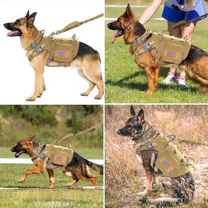 Forestpaw Tactical Dog Harness for Large Dogs,Tactical Dog Collar with Bungee Leash Set,No Pull Military Dog Harness for Dog Walking Training,Adjustable for Medium Large Dogs,Khaki S