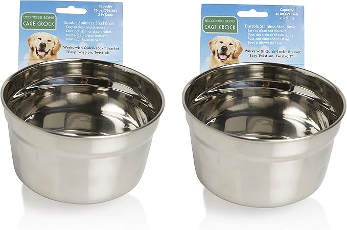 Lixit Quick Lock Removable Dog Kennel Bowls for Wire and Soft Sided Crates (20oz Wire Cage, Stainless Pack of 2)