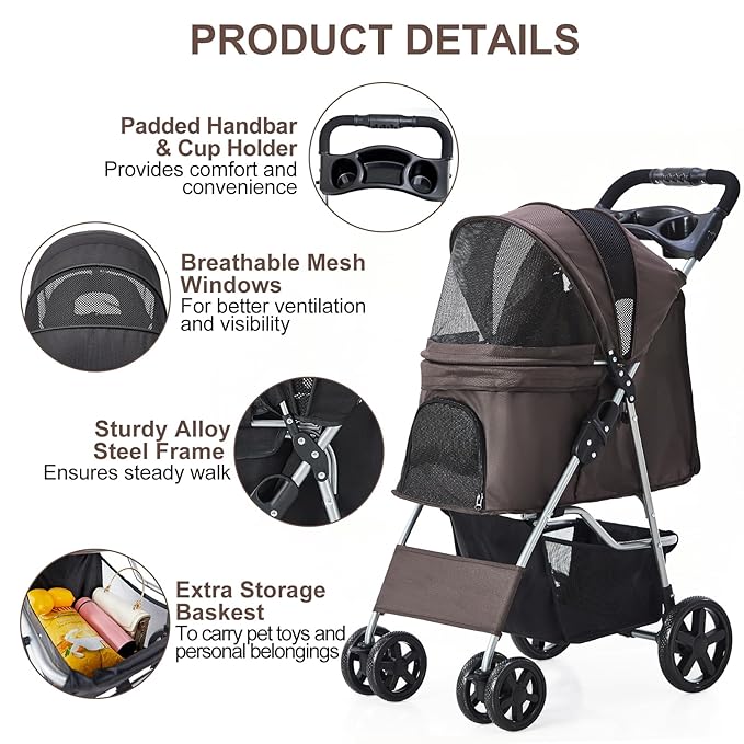 Pet Stroller for Medium Small Dogs and Cats 4 Wheels,