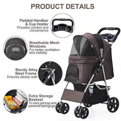 Pet Stroller for Medium Small Dogs and Cats 4 Wheels,
